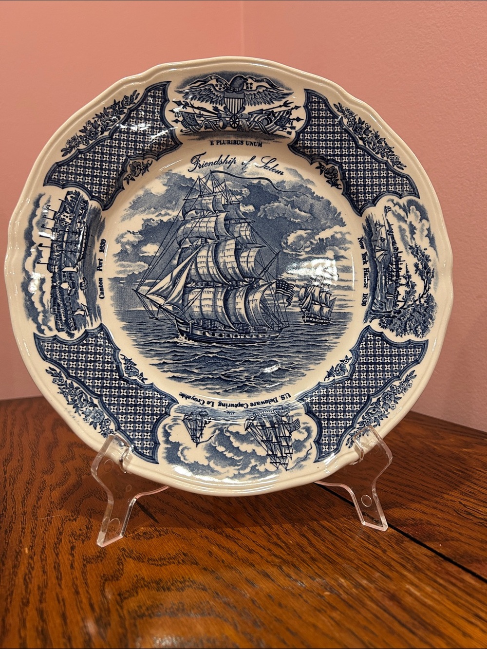 Vintage Staffordshire Fair Winds Ship Blue & White Dinner Plate